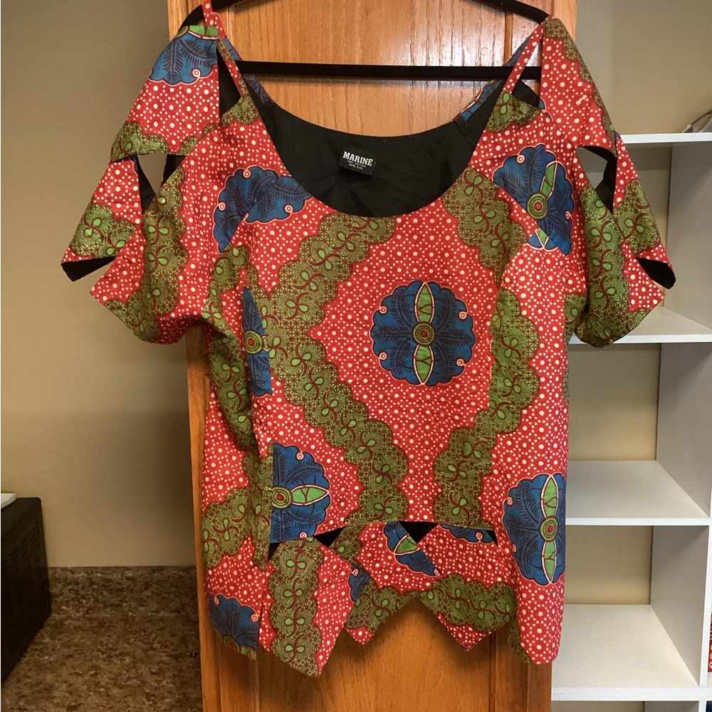 Vibrant Red and Green Patterned Blouse by
